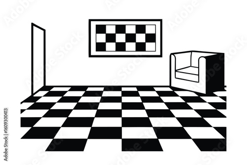 Living Room With Checkerboard Floor And Bold Colors