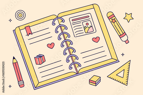 Open notebook with school supplies and decorations