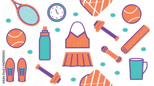 Vibrant flat illustration of tennis gear water bottle clock and weights racket ball