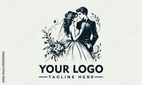 Elegant monochrome illustration of a bride and groom embracing, encircled by floral details, ideal for wedding-related branding.