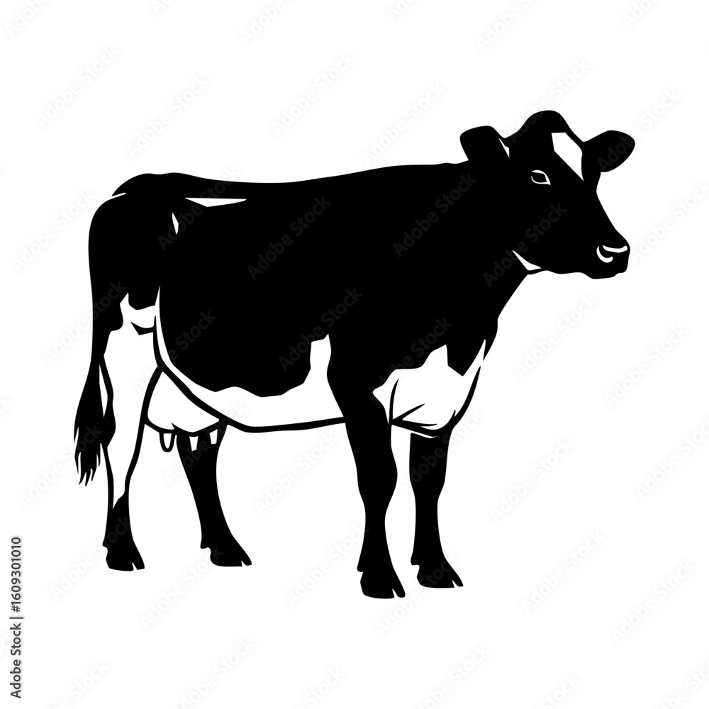Fototapeta premium Black Holstein Dairy Cow Silhouette Vector - Udder Milk Production Farm Icon