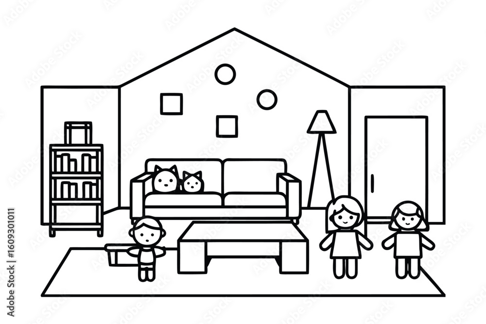 Fototapeta premium Large Family Room With Multiple Couches And Kids Toys