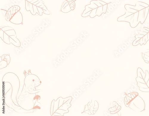 Pastel-colored, simple graphic of a squirrel and autumnal leaves