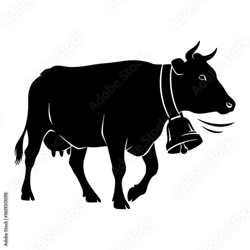 Black Cow Silhouette Vector with Bell Collar - Traditional Farm Animal Icon
