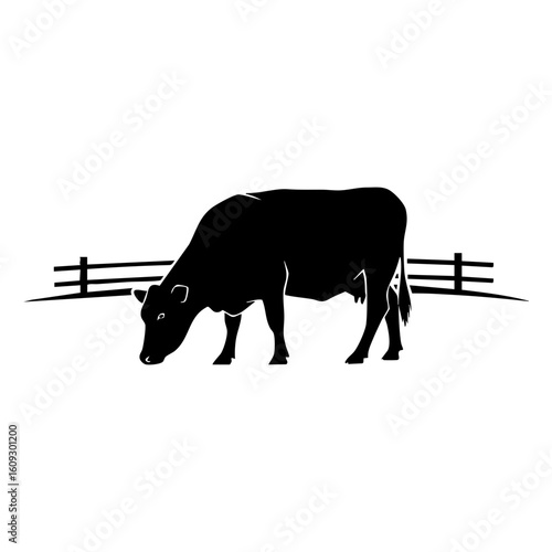 Black Cow Silhouette Vector with Fence Background - Farm Environment Animal Icon