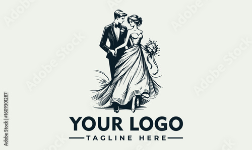 Elegant illustration of a bride and groom in wedding attire, embracing with a bouquet.