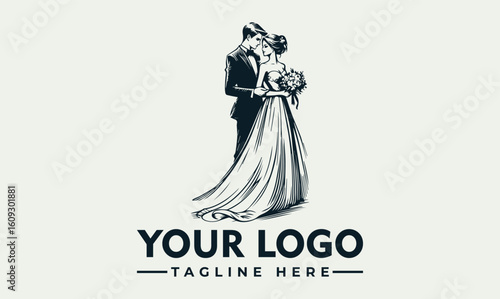 Vintage style logo of a couple in wedding attire, embracing, symbolizing love and marriage.