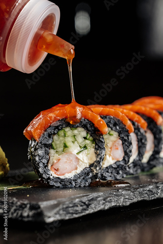 Drizzling Sauce Over Sushi Roll