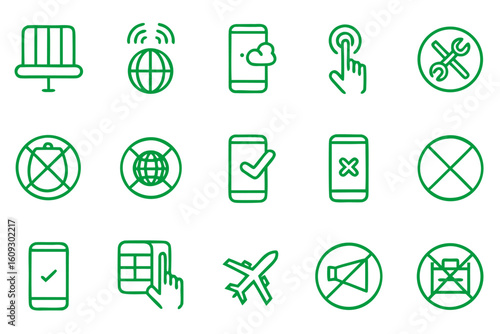 Conceptual line art collection representing a break from technology featuring symbols for disconnection and mindful engagement with the real world