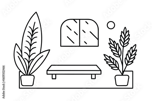 Earthy Room With Jute Rug Wood Bench And Potted Plant