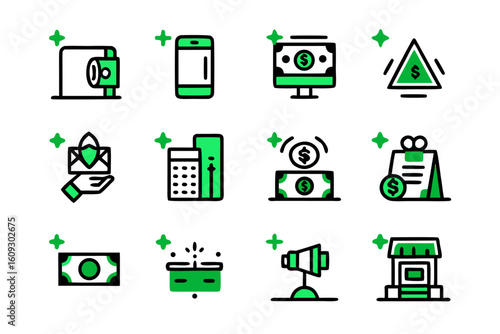 Clean line art collection showcasing various digital payment methods and financial transactions for modern business communication and online services