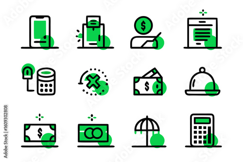 Clean line graphics representing financial transactions and digital payment methods in a modern style