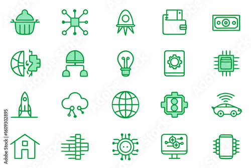 Modern collection of clean line art symbols representing technological advancement and digital transformation concepts for various applications and projects
