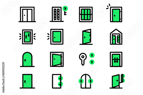 Comprehensive collection of door related graphic symbols including entry exit doorbell and knocking elements for digital interfaces and applications