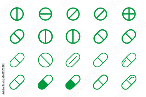 Collection of pharmaceutical dosage form outline graphics representing various medical treatments and healthcare concepts for visual communication