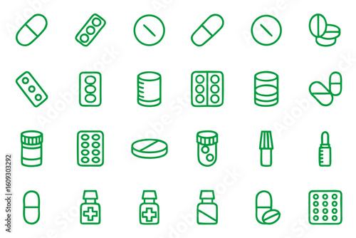 Collection of pharmaceutical dosage form outline graphics representing various medical treatments and healthcare concepts