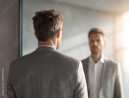 Businessperson Looking in Mirror with Identical Reflection – Concept of Self-Reflection and Career Growth

