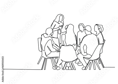  Continuous one line art of young happy trainer giving life skill lesson to the class members. Business training and presentation concept.