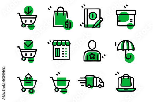 Clean and modern line art icon collection representing various e commerce and shopping concepts for digital platforms and applications