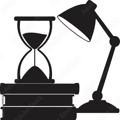 Hourglass on books with desk lamp time management concept icon