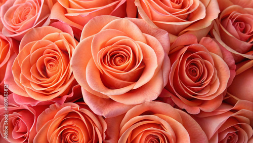 Fototapeta Naklejka Na Ścianę i Meble -  Beautiful coral pink roses arranged closely together, displaying perfect spiral petals and soft romantic colors in natural lighting arrangement.