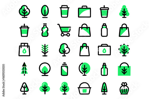 Collection of clean line art icons representing sustainable packaging materials and eco friendly shipping concepts for green businesses