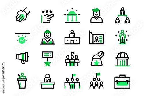 Modern linear graphic elements representing democratic processes voting and civic engagement presented in a clean professional style with distinct color accents