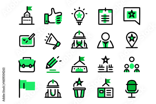 Comprehensive collection of clean modern line art icons representing various aspects of elections voting and civic participation perfect for digital and print media