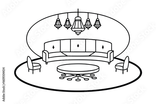 Circular Living Room With Center Chandelier And Couch