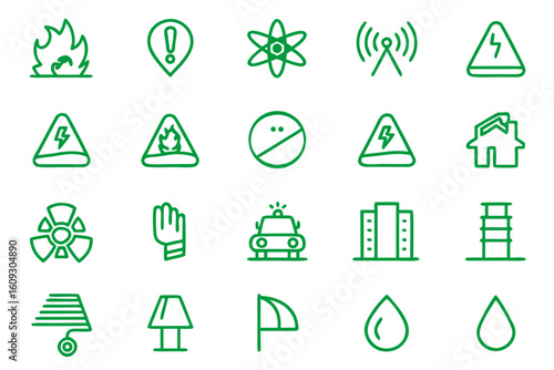 Comprehensive collection of emergency response symbols and hazard alert graphics for safety and crisis communication featuring distinct visual elements