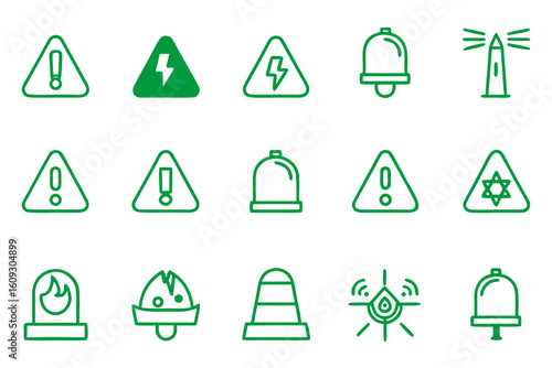 Comprehensive collection of emergency response symbols and graphics for safety and alert situations featuring clear visual communication elements
