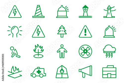 Comprehensive collection of critical incident symbols and safety alerts featuring hazard warnings medical assistance and rescue elements in a versatile graphic format