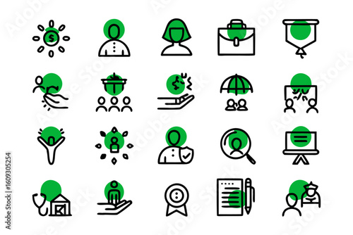 Clean line art graphics depicting various employee benefits and workplace perks suitable for corporate communications and hr materials