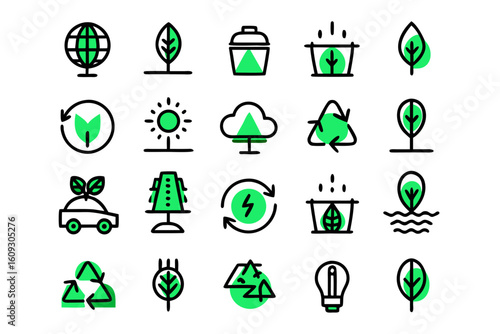 Clean line graphics representing environmental concepts and sustainable energy solutions in a cohesive set
