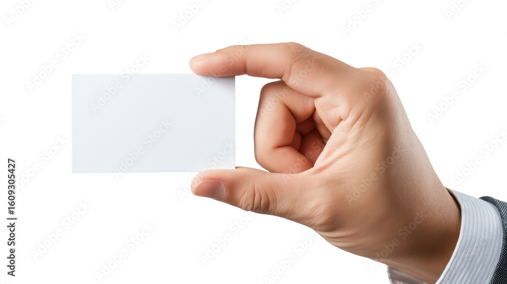 Obraz premium Hand holding blank white card with thumb and index finger isolated on a transparent background image