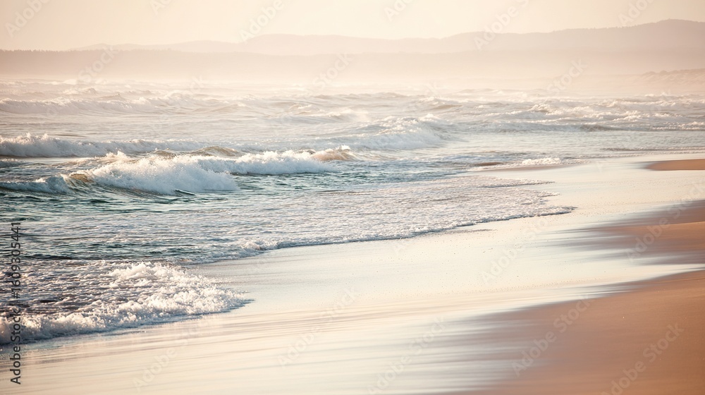 Obraz premium A serene beach scene with gentle waves and an empty shoreline, evoking tranquility