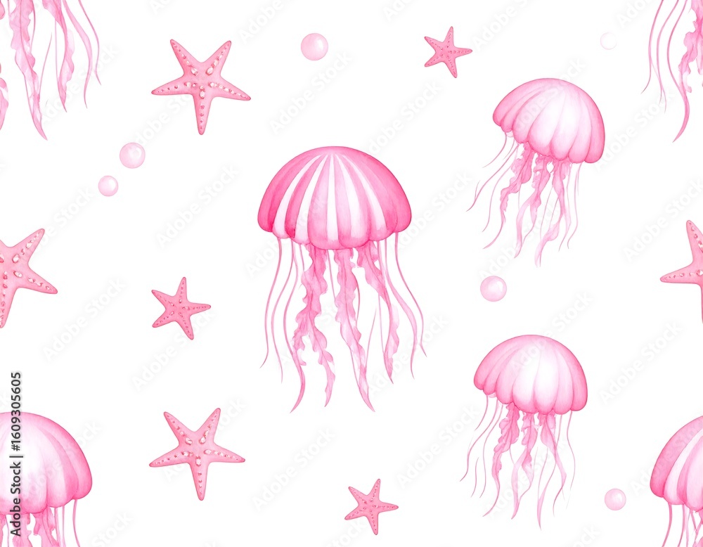 Pink jellyfish and starfish seamless pattern Pink jellyfish and starfish seamless pattern