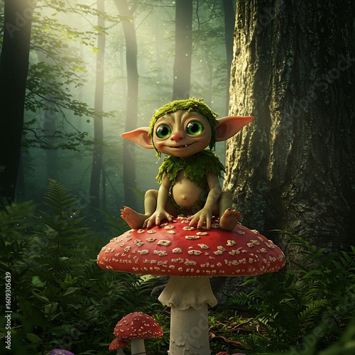 Small goblin sitting on red mushroom in forest