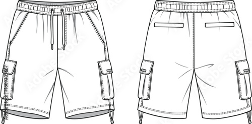Cargo shorts technical flat sketch, front and back view with flap pockets, drawstring waist, utility style design template for fashion