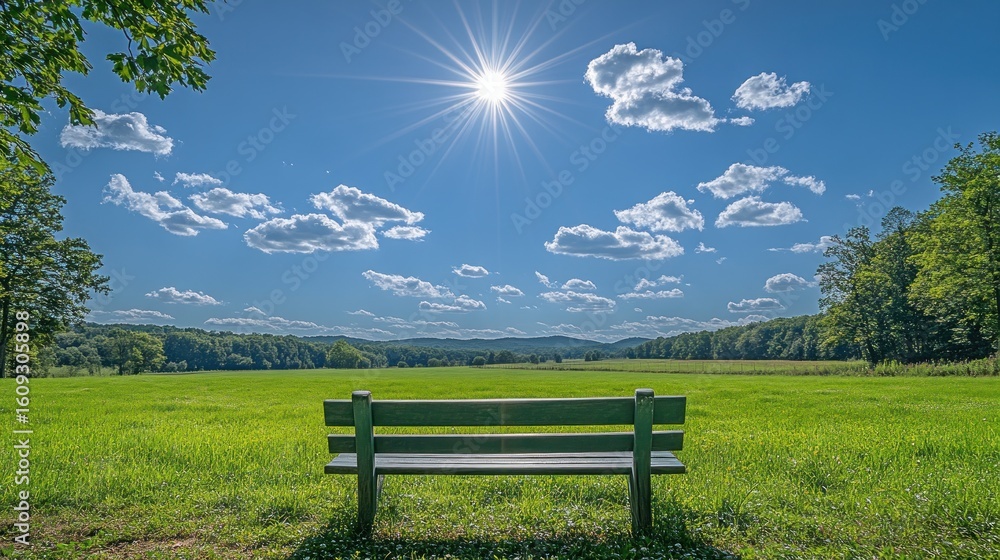Fototapeta premium Sunny meadow with bench and bright sky