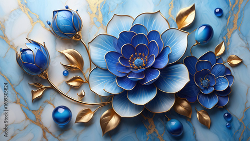 Luxurious Blue and Gold Floral Arrangement on a Marble Background, an Opulent Decorative Art Piece showcasing Elegance and Intricate Design.
