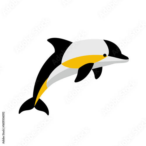 Abstract dolphin vector illustration in black, gray and yellow geometric design. Marine animals species, protection and aquatic environment. Image for schools and nurseries, flashcards