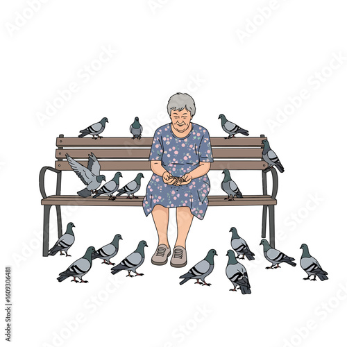 Elderly Woman Feeding Pigeons