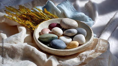 Serene Editorial Flatlay of Colorful Pebbles in a Ceramic Bowl Natural Light Calm Environment Aesthetic Composition