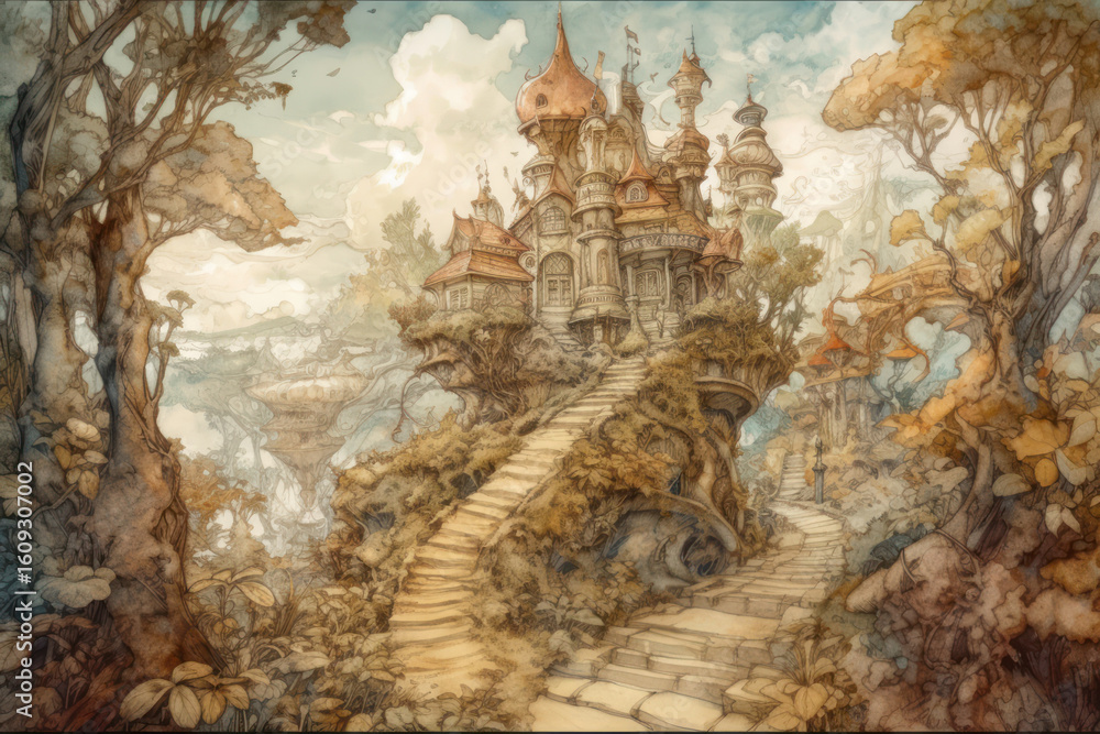 Naklejka premium A fantastic castle on top of a hill, surrounded by a fairytale forest. A spiral staircase leads to a majestic building with carved turrets and graceful architecture. 