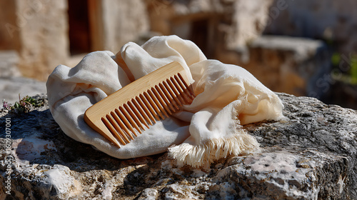 Wooden Comb and Linen Square Flatlay on Stone Tiles Natural Beauty Outdoor Close-Up Minimalist Aesthetic