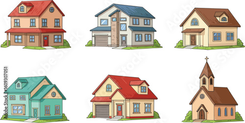 Hand-Drawn House and Church Illustration Set, Colorful Cartoon Architecture, Residential and Religious Buildings for Real Estate, Design, and Education