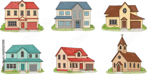 Hand-Drawn House and Church Illustration Set, Colorful Cartoon Architecture, Residential and Religious Buildings for Real Estate, Design, and Education