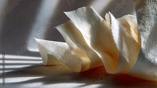 Artistic Folded Recycled Paper Creating Soft Shadow Lines Studio Setting Photography Minimalist Environment Close-Up Viewpoint