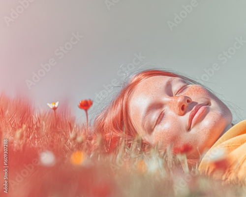 Woman relaxing in a field of flowers.